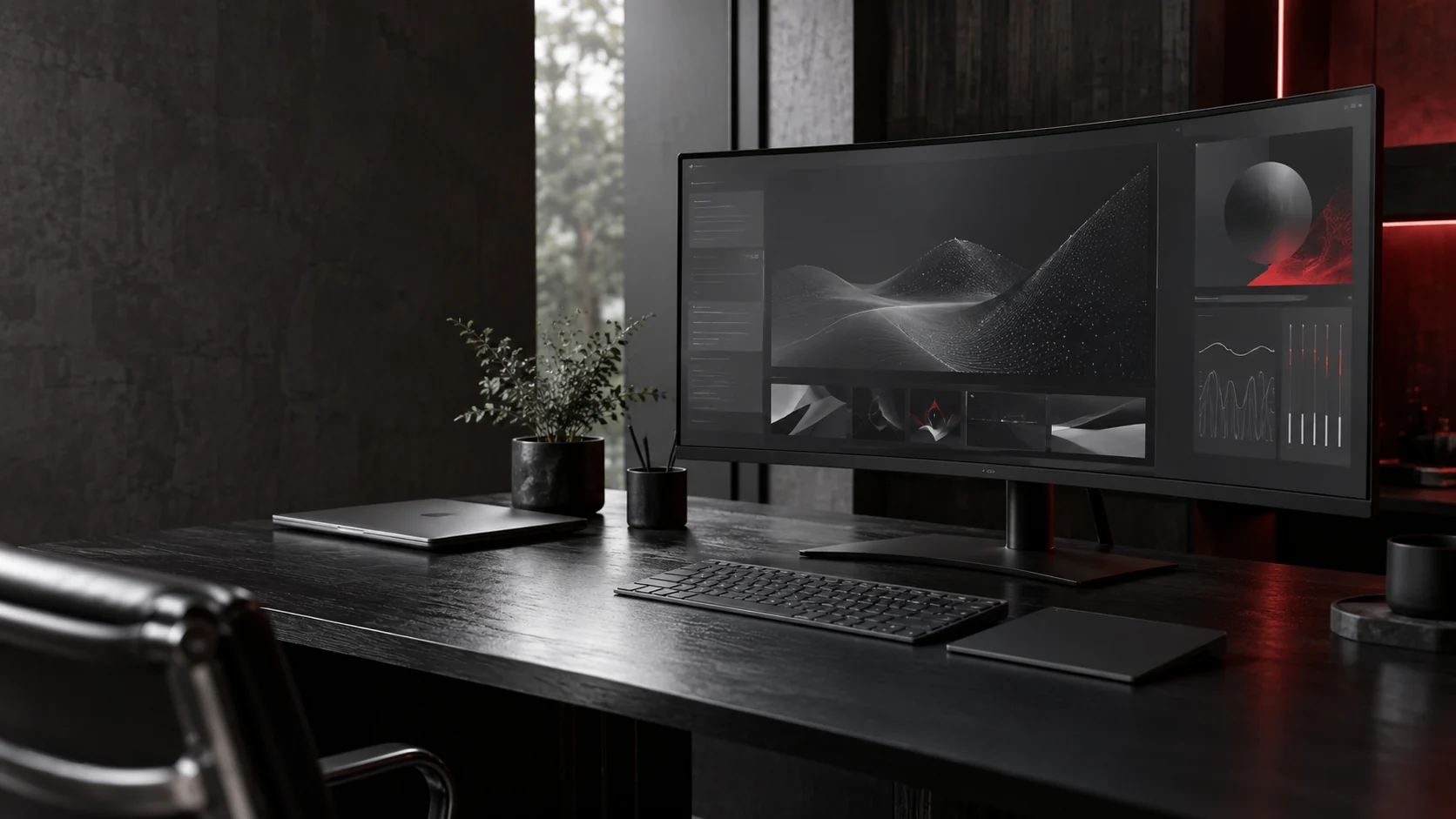 Escena ilustrativa de un espacio de desarrollo digital con tecnología y luz roja